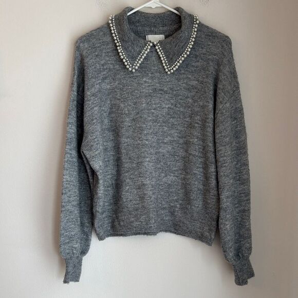 H&M Gray Sweater with Pearl Collar pan collar women’s boxy neutral size medium - Picture 1 of 8